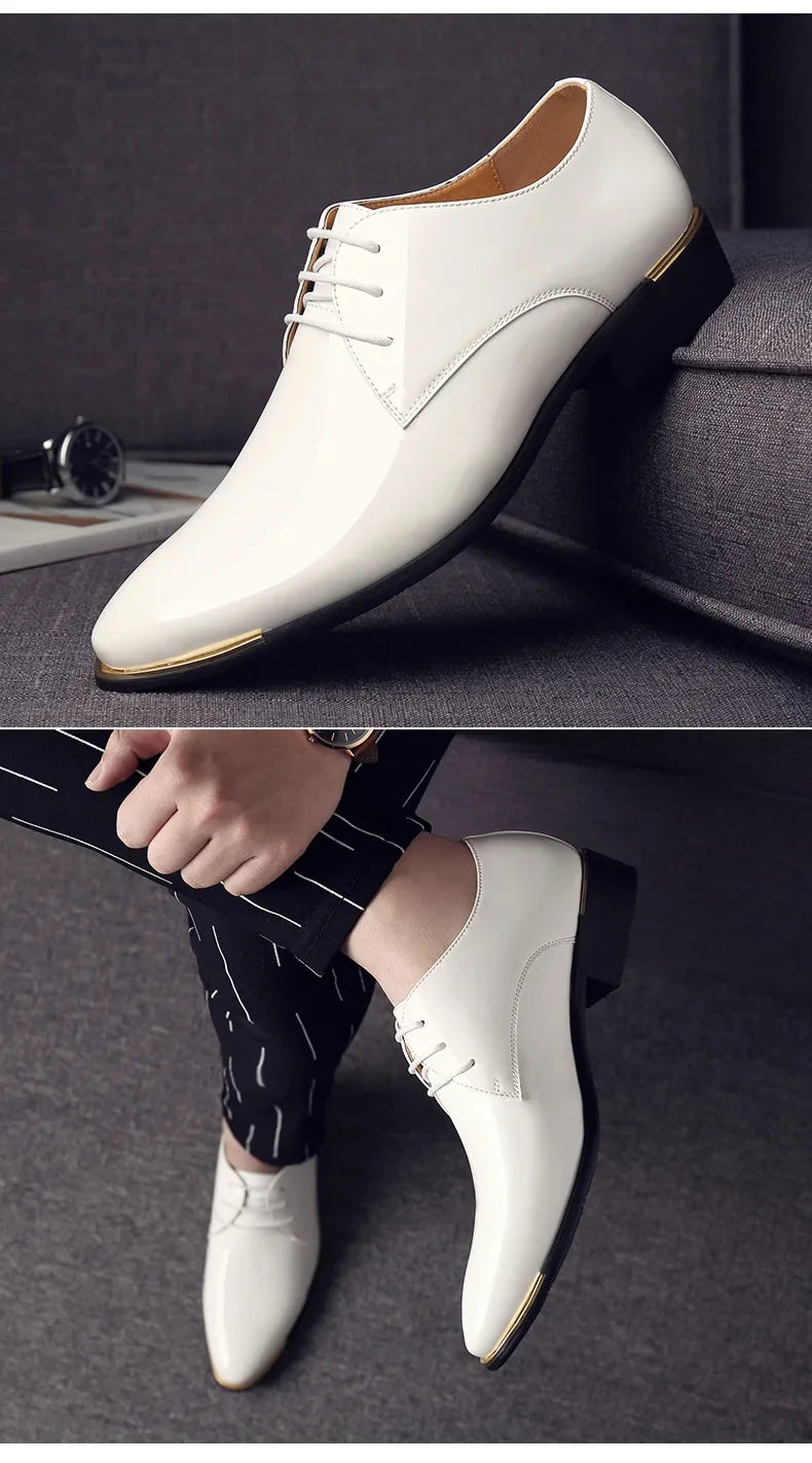 New Men’s Patent Leather Shoes  British Style Men's Dress Shoes Lace Up Pointed Toe Wedding Business Party Social Shoe Male