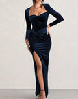 Winter Casual Solid High Waist Long Dress New Women Long Sleeve Slit Party Dress Lady Elegant