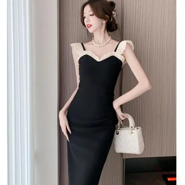 French Little Black Dress New Fashion Pure Desire Wood Ear Edge Sexy Wrapped Hip Split Dress Birthday Party Dress