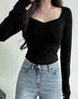 Sweetheart Neck Ruched T-shirt, Casual Long Sleeve Slim Crop Top