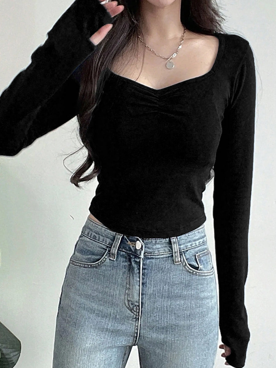 Sweetheart Neck Ruched T-shirt, Casual Long Sleeve Slim Crop Top