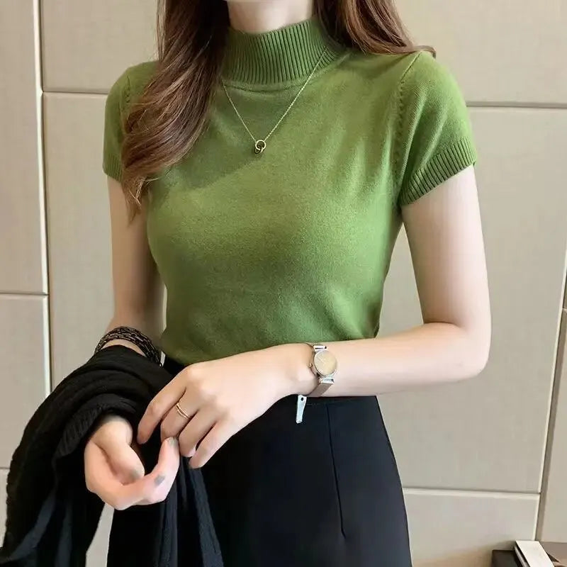 Women's Half-High Neck T-Shirt Fashion Jumper Style Elegant Solid-Coloured Clothing Spring And Summer Season