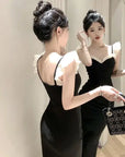 French Little Black Dress New Fashion Pure Desire Wood Ear Edge Sexy Wrapped Hip Split Dress Birthday Party Dress