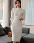 H Han Queen Hot sale Autumn Fashion Stand Collar Puff Sleeve Female Pencil bodycon Dress Slim Solid color Midi Casual Dresses