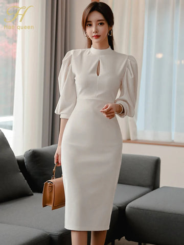 H Han Queen Hot sale Autumn Fashion Stand Collar Puff Sleeve Female Pencil bodycon Dress Slim Solid color Midi Casual Dresses