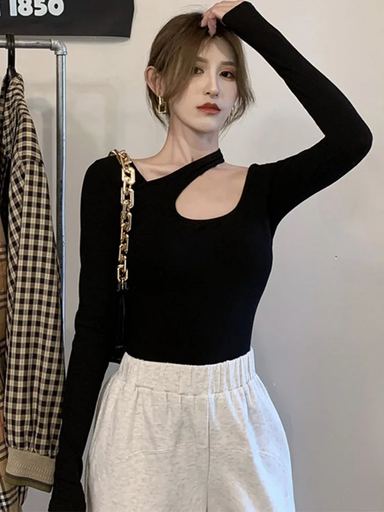 Y2K T-shirt Woman Autumn Sexy Skinny Tee Shirt Femme Long Sleeve Halter Clothes Hollow Out Korean Fashon Kpop Tops Tshirt