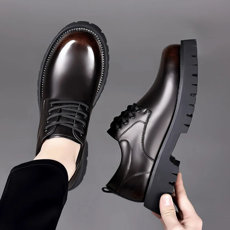 Classic Trends Spring Outdoor Men's Leather Shoes Platform Oxfords Male Derby Shoes Casual  Mens Lace Up Thick Soled Work Shoes