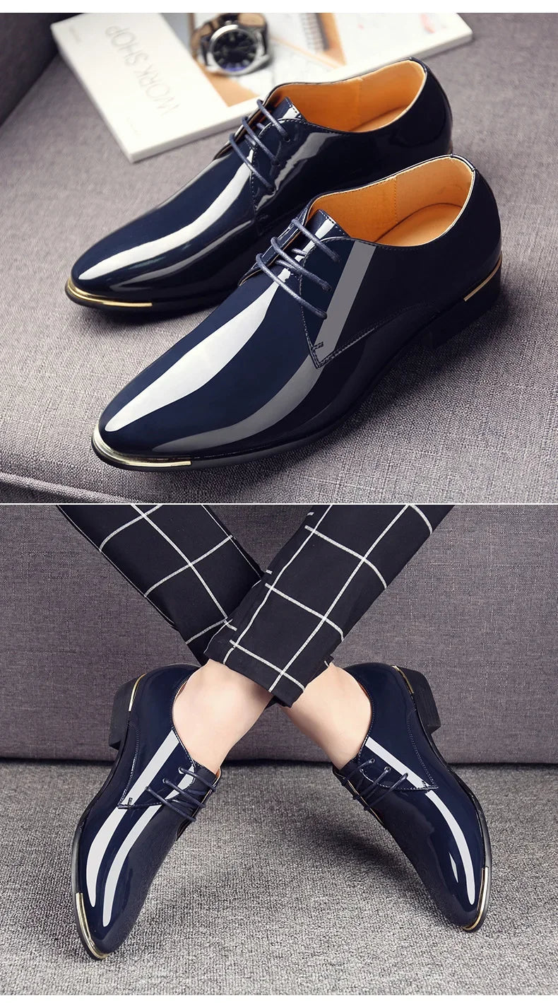 New Men’s Patent Leather Shoes  British Style Men's Dress Shoes Lace Up Pointed Toe Wedding Business Party Social Shoe Male