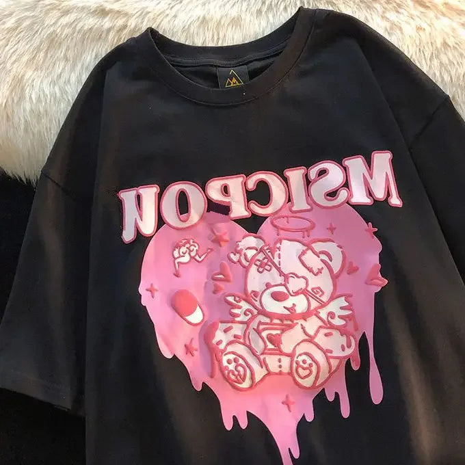 Kawaii Women's T Shirt Korean Pink Love Bear Print Short Sleeve T-Shirt Female Harajuku Tee Shirt Streetwear Tops Women Clothes