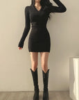 Women Knit Slim Bodycon Dress V-Neck Long Sleeve Dress Solid Casual Midi Sweater Dress For Women Autumn Winter