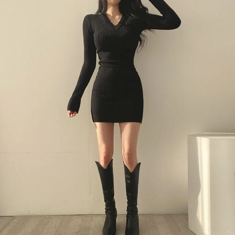 Women Knit Slim Bodycon Dress V-Neck Long Sleeve Dress Solid Casual Midi Sweater Dress For Women Autumn Winter