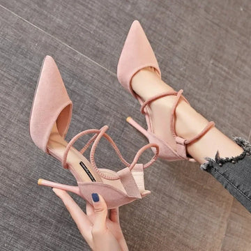 New Cross-strap Roman Sandals Suede High Heels Women's Shoes One-line Buckle Fine Heel