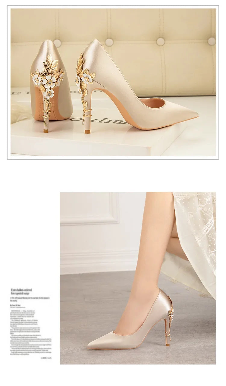 Women's Metal Flowers Stiletto High-heel Shoes Female New Light Luxury Sexy Fashion Wedding Shoes Pointed Toe Satin Single Shoes