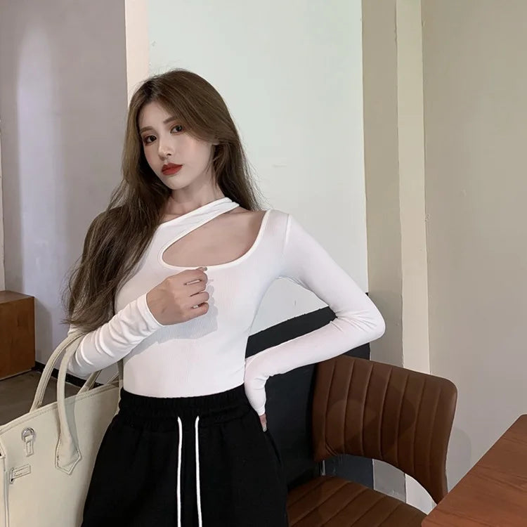 Y2K T-shirt Woman Autumn Sexy Skinny Tee Shirt Femme Long Sleeve Halter Clothes Hollow Out Korean Fashon Kpop Tops Tshirt