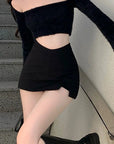 Black Split Mini Skirts Women High Waist Slit Skirt Streetwear Fashion Irregular Slim A Line Skirt