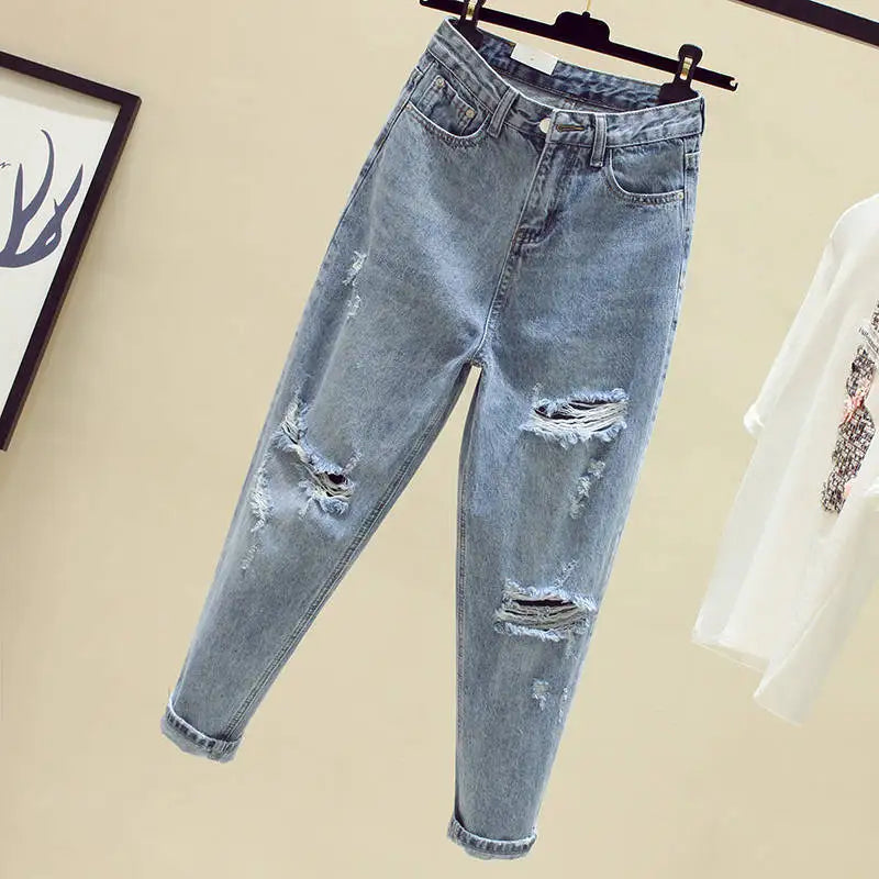 woman jeans autumn/winter Light color loose straight tall waist hollow out fashion woman's Trousers dropshipping WBX1004