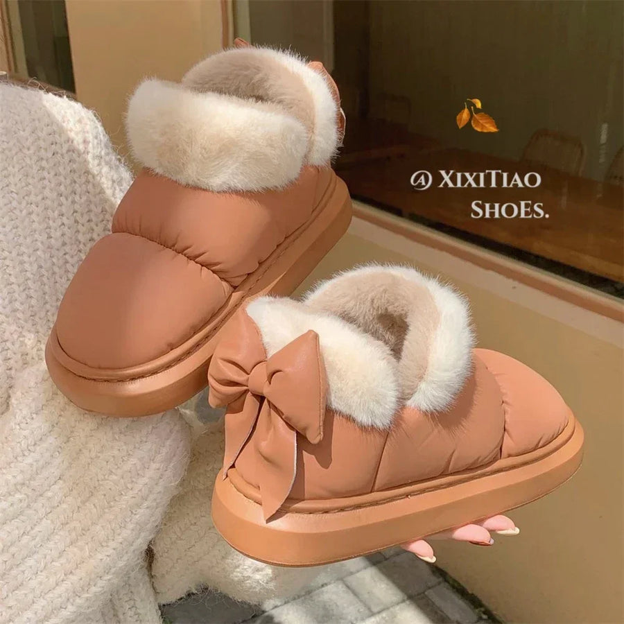 Bow Cotton Shoe Waterproof Plush Boots New Women Cute Warm Ankle Boots Ladies Outdoor Non-slip Thick Sole Snow Boot Furry