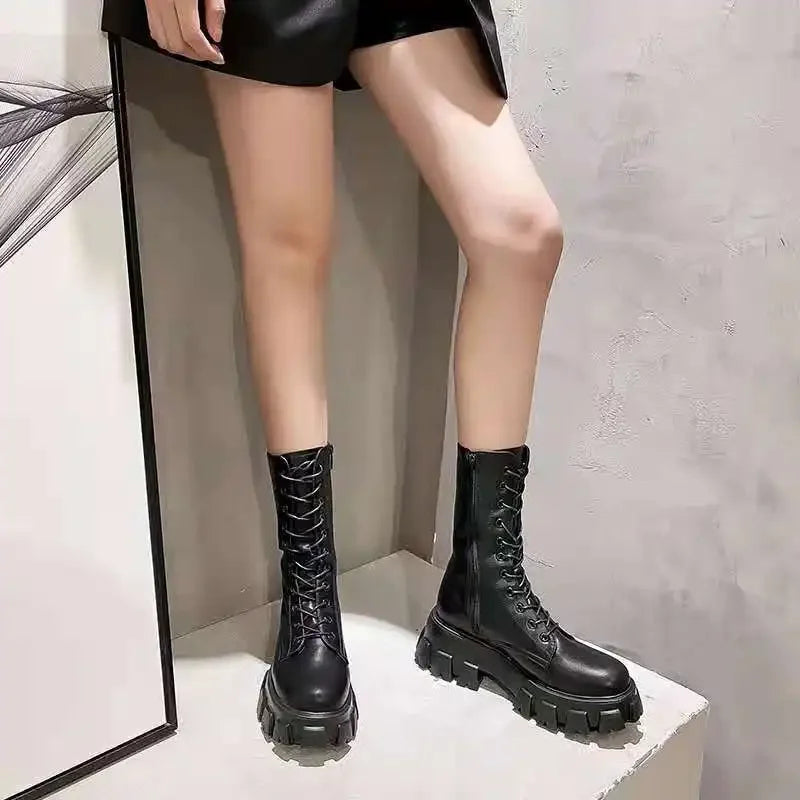 New Mid Calf Boots Women Autumn Winter Fashion Lace-up Ladies Chelsea Zipper Botas Mujer Boots Sports Platform Heel Ladies Shoes