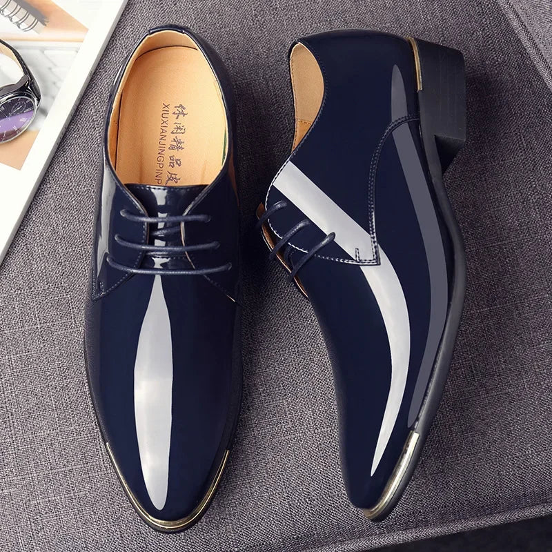 New Men’s Patent Leather Shoes  British Style Men's Dress Shoes Lace Up Pointed Toe Wedding Business Party Social Shoe Male