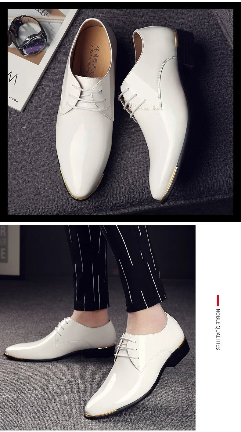 New Men’s Patent Leather Shoes  British Style Men's Dress Shoes Lace Up Pointed Toe Wedding Business Party Social Shoe Male