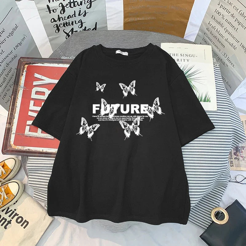 Oversized T Shirt Women Butterfly Letter Print T Shirts Short Sleeve Tee Shirt Tops Casual Harajuku T Shirt Women Clothes