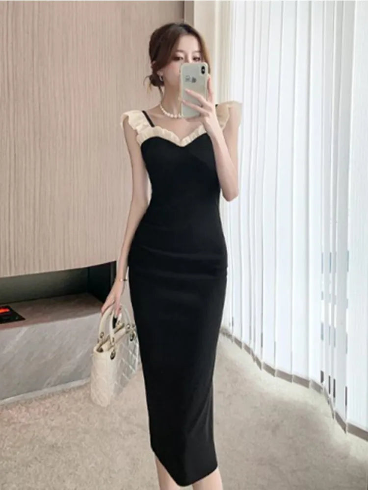 French Little Black Dress New Fashion Pure Desire Wood Ear Edge Sexy Wrapped Hip Split Dress Birthday Party Dress