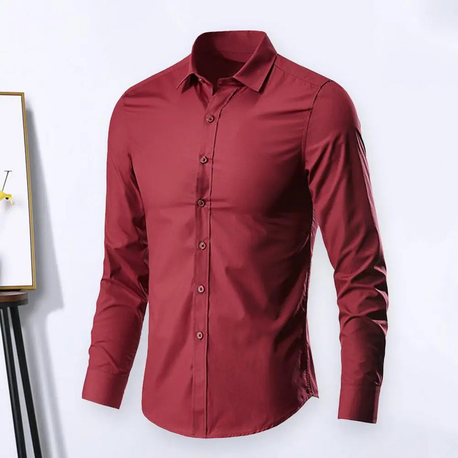 Men Shirt Long Sleeve Solid Color Button Single-breasted Cardigan Dress-up Casual Lapel Men Spring Shirt Stretch Business Formal