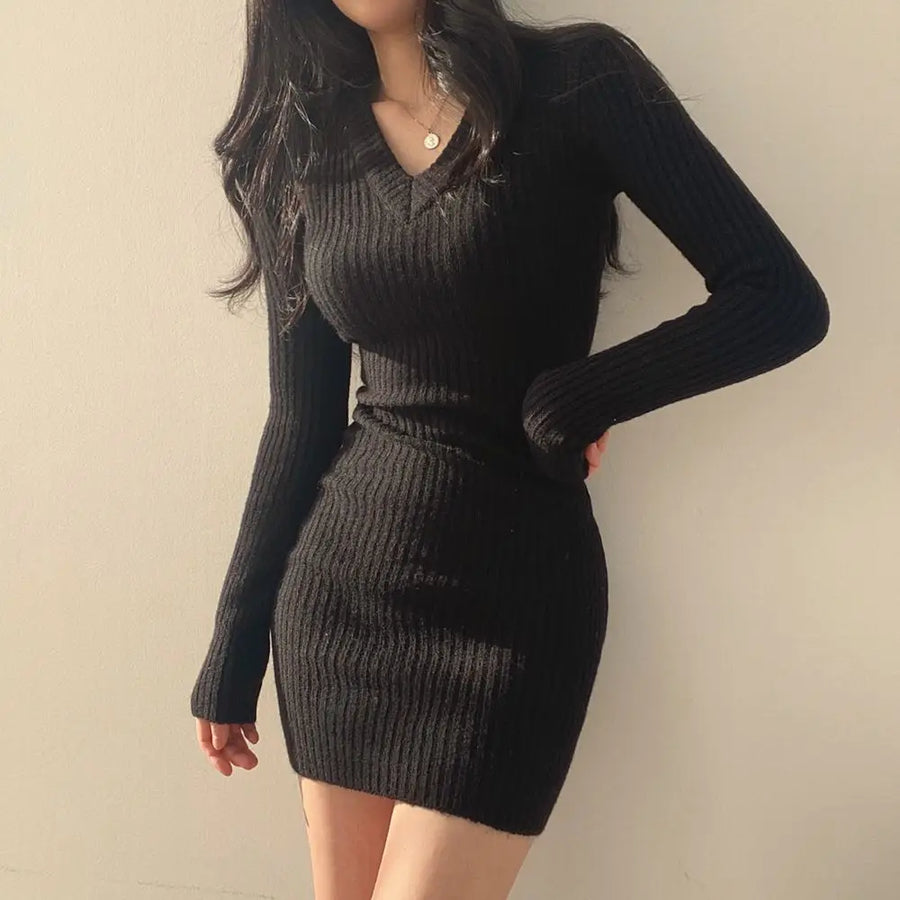 Women Knit Slim Bodycon Dress V-Neck Long Sleeve Dress Solid Casual Midi Sweater Dress For Women Autumn Winter