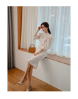 H Han Queen Hot sale Autumn Fashion Stand Collar Puff Sleeve Female Pencil bodycon Dress Slim Solid color Midi Casual Dresses