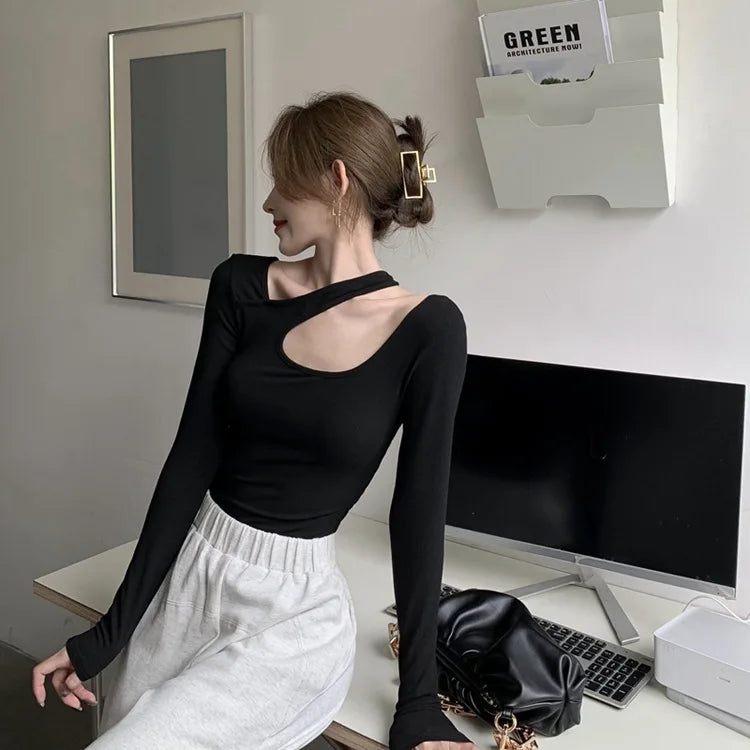 Y2K T-shirt Woman Autumn Sexy Skinny Tee Shirt Femme Long Sleeve Halter Clothes Hollow Out Korean Fashon Kpop Tops Tshirt