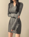 Women Knit Slim Bodycon Dress V-Neck Long Sleeve Dress Solid Casual Midi Sweater Dress For Women Autumn Winter