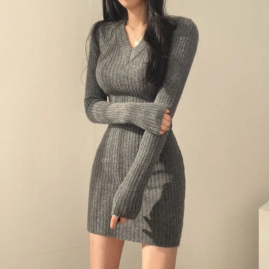 Women Knit Slim Bodycon Dress V-Neck Long Sleeve Dress Solid Casual Midi Sweater Dress For Women Autumn Winter