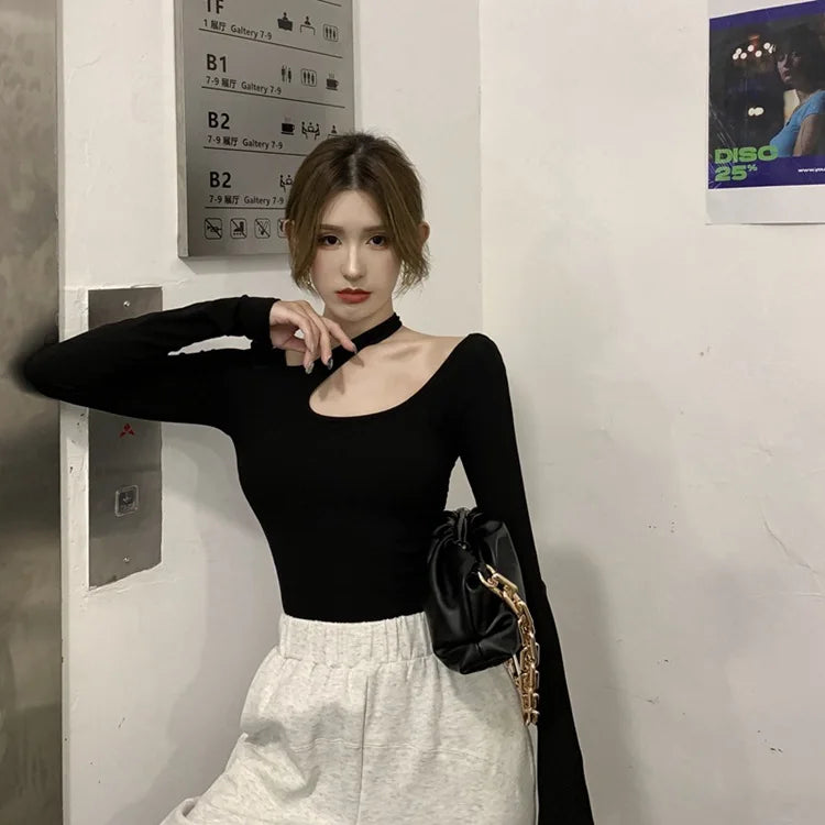 Y2K T-shirt Woman Autumn Sexy Skinny Tee Shirt Femme Long Sleeve Halter Clothes Hollow Out Korean Fashon Kpop Tops Tshirt