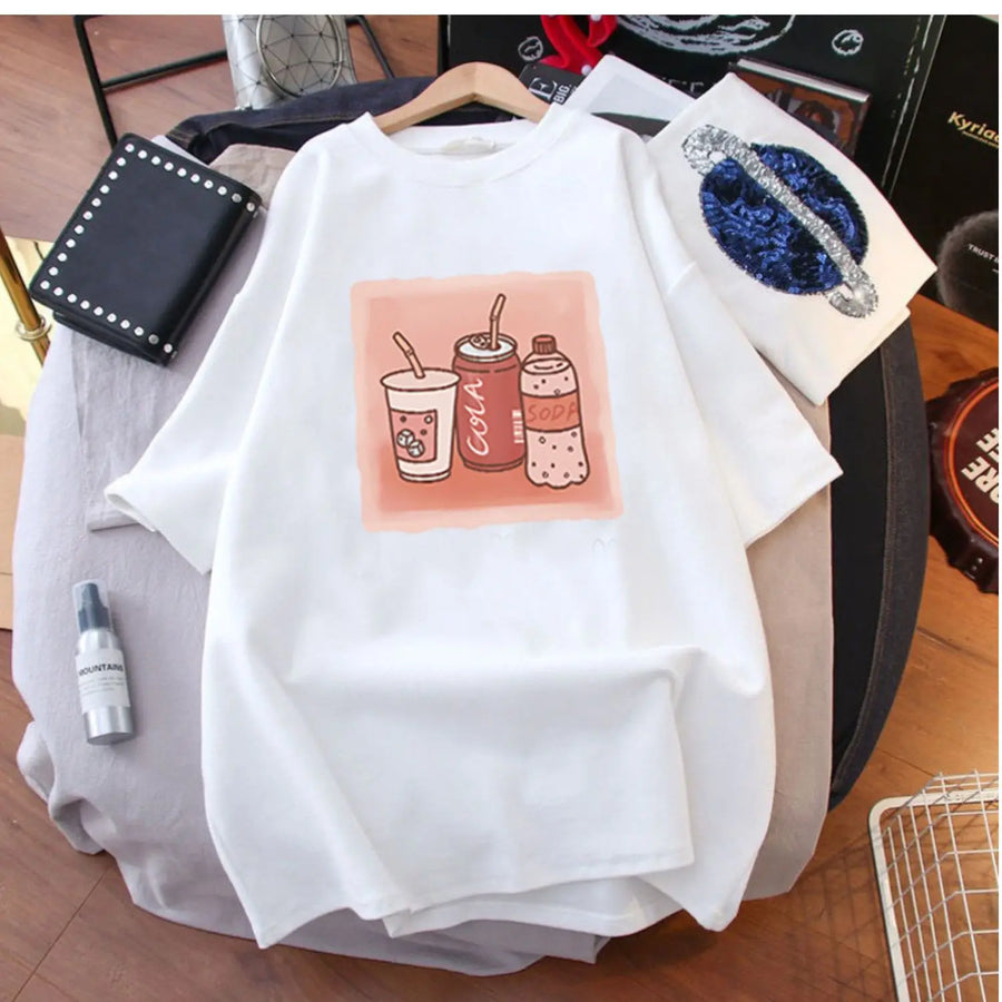 Pink Short Sleeve Oversized T-shirt Women's Loose Mid-Length Summer Printed O-Neck Tee European Style 2023 New Lover Tops