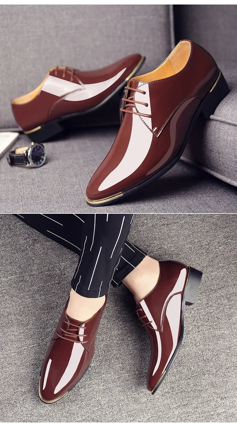 New Men’s Patent Leather Shoes  British Style Men's Dress Shoes Lace Up Pointed Toe Wedding Business Party Social Shoe Male