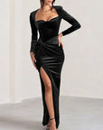 Winter Casual Solid High Waist Long Dress New Women Long Sleeve Slit Party Dress Lady Elegant