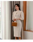 H Han Queen Hot sale Autumn Fashion Stand Collar Puff Sleeve Female Pencil bodycon Dress Slim Solid color Midi Casual Dresses