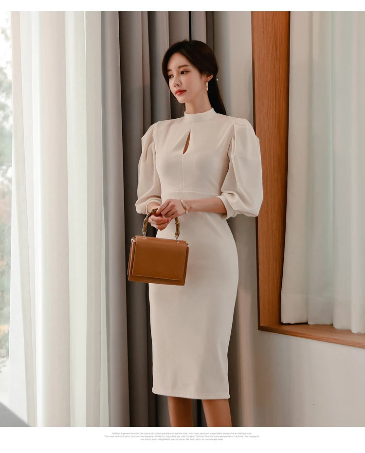 H Han Queen Hot sale Autumn Fashion Stand Collar Puff Sleeve Female Pencil bodycon Dress Slim Solid color Midi Casual Dresses