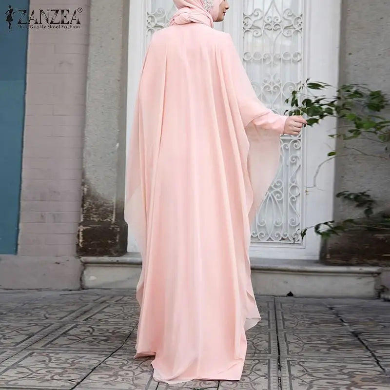 ZANZEA Fashion Summer Long Sundress Hijab Vestido 2pcs Women Long Sleeve Dress Party Kaftan Abaya