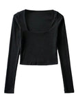 Women Cotton Ribbed Square Neck Crop Top With Long Sleeve